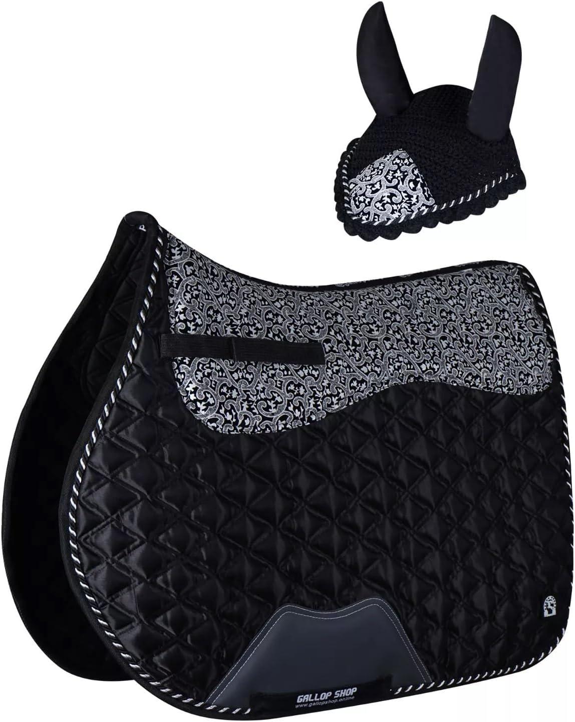 Black Quilted Saddle Pad Ear Bonnet Set – Silver Damask Equestrian Tack by Gallop Shop