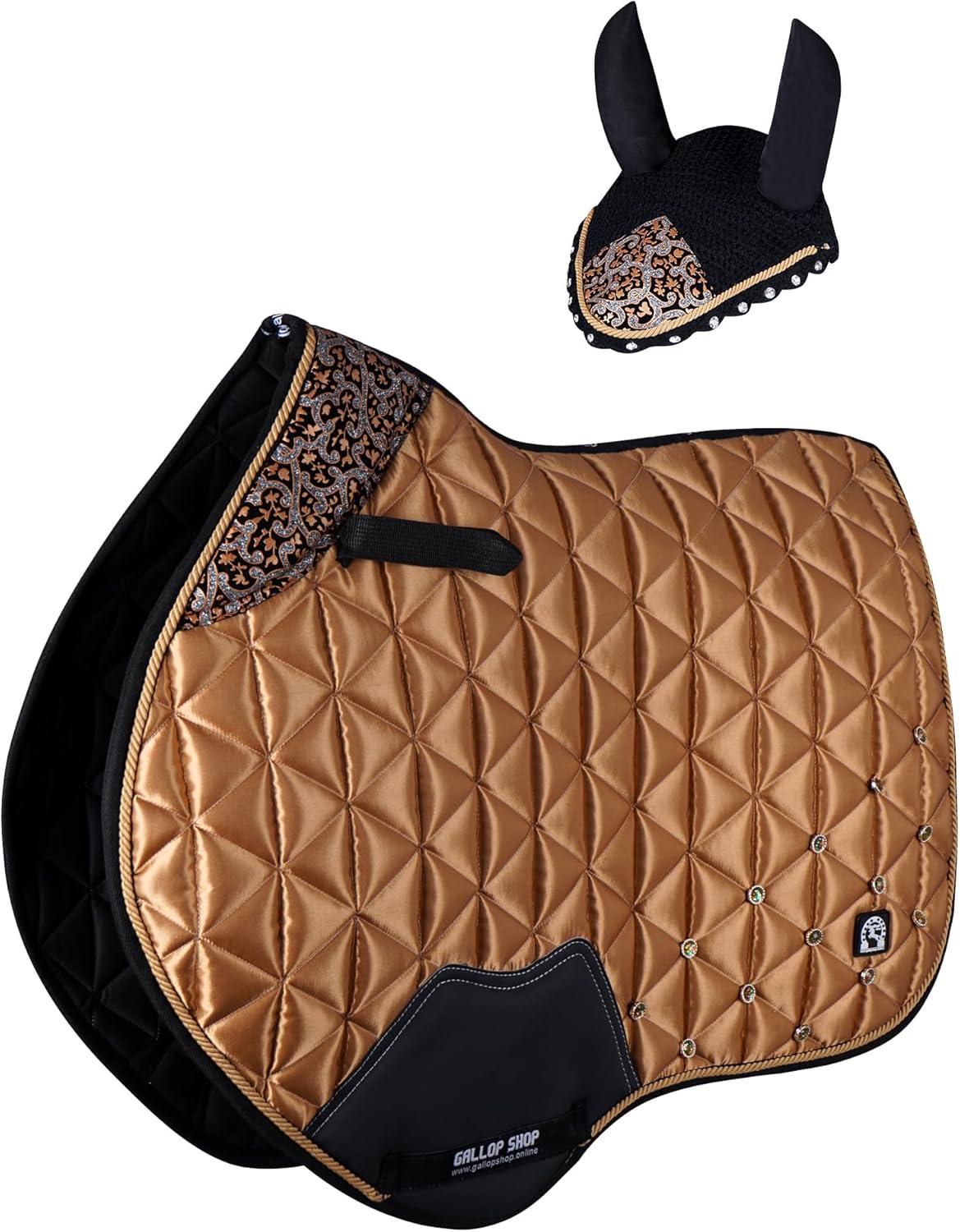 Luxury Gold Saddle Pad & Bonnet Set – Quilted Equestrian Tack with Rhinestone Detail  GallopGrip
