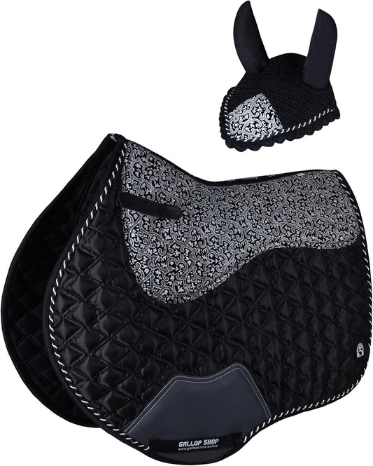 Luxury Black Silver Equestrian Saddle Pad & Ear Bonnet Set – Quilted Dressage Tack by Gallop Shop