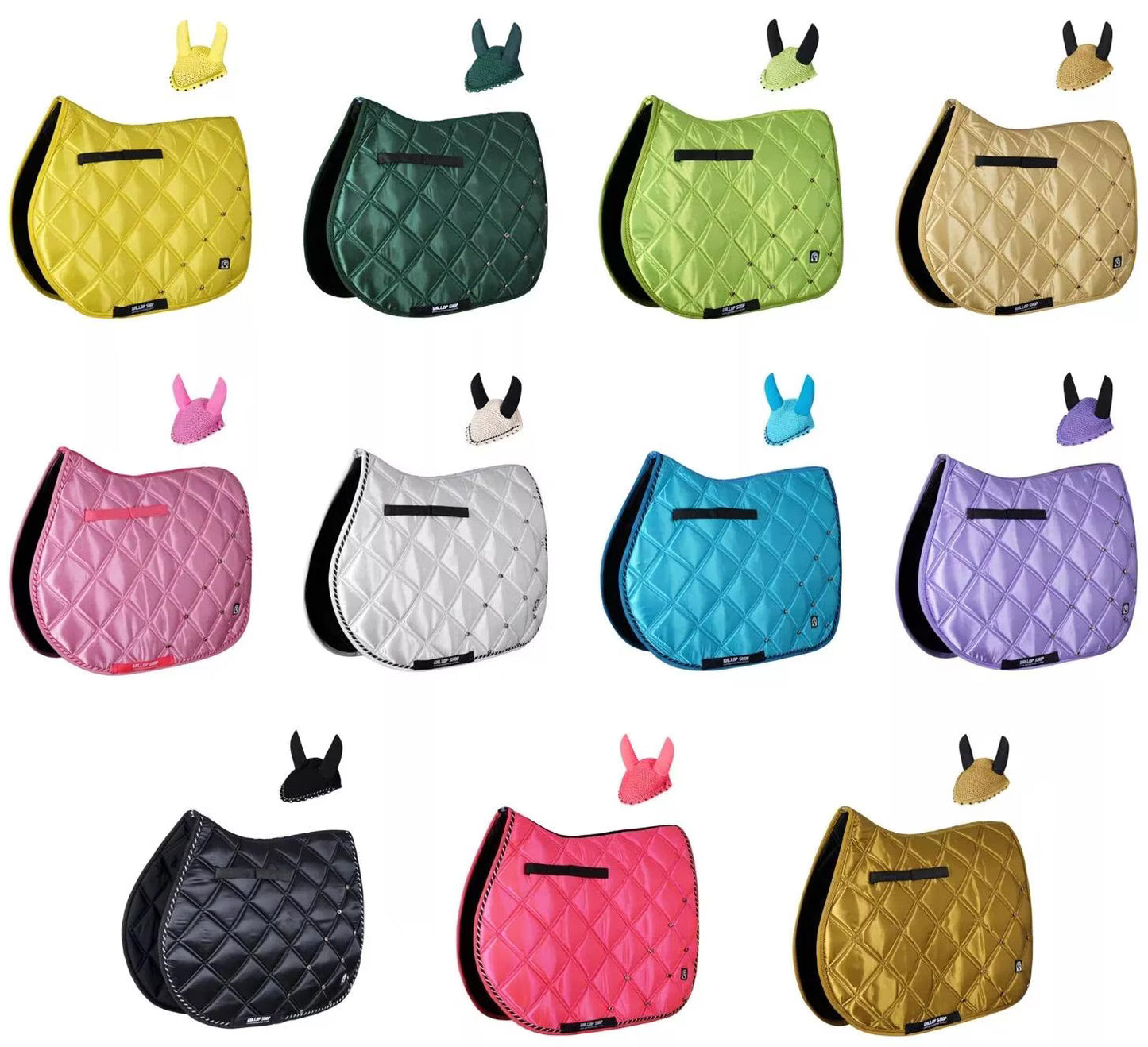 Luxury Quilted Saddle Pad & Ear Bonnet Set – Decorative Horse Tack in 12 Colors by Gallop Shop
