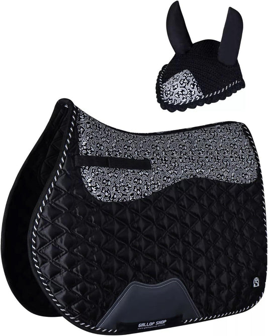 Black Quilted Saddle Pad Ear Bonnet Set – Silver Damask Equestrian Tack by Gallop Shop